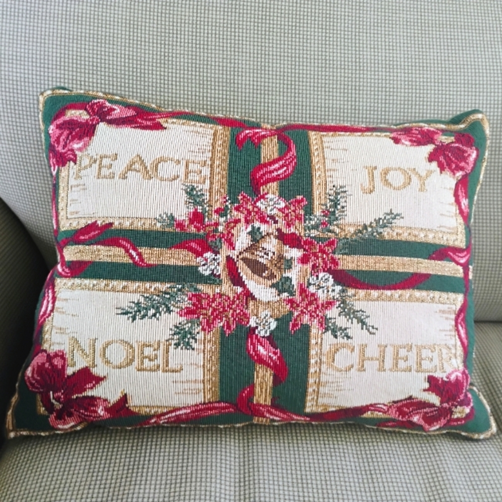 Christmas/Holiday Red/Green Tapestry Pillow "Peace, Joy, Noel, Cheer" 16" X 11"